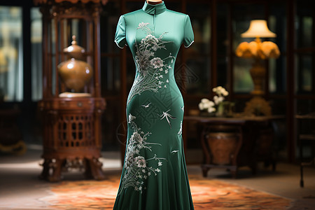 雅致的绿色旗袍图片