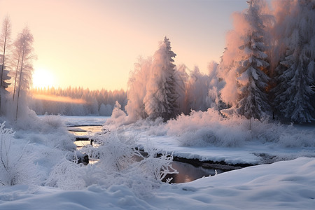 冬日林间的冰雪河流图片