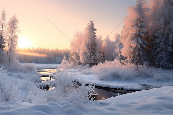 冬日林间的冰雪河流图片