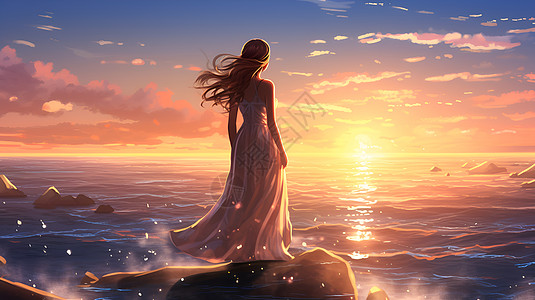 站立的女孩夕阳下少女凝望海洋插画