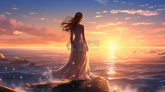 夕阳下少女凝望海洋图片