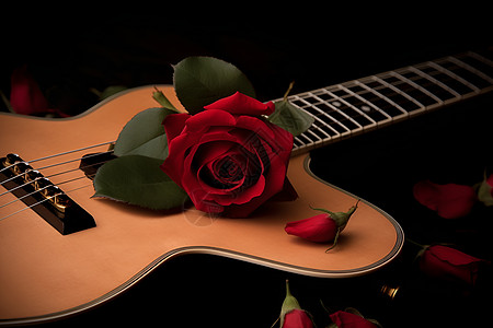 红色玫瑰花吉他上插着玫瑰花背景