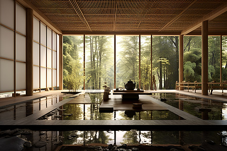 竹林中建筑的茶馆背景图片