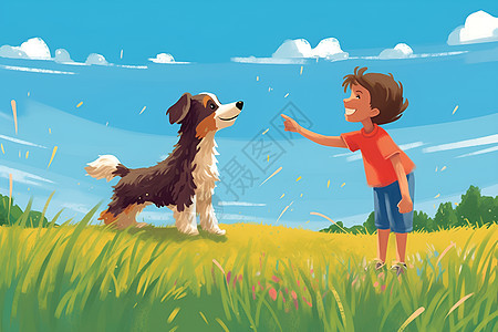 草地上玩耍的狗狗和男孩图片