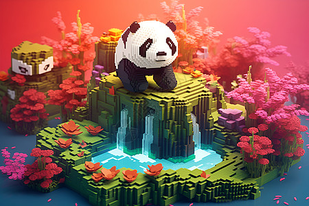 瀑布上的创意熊猫图片