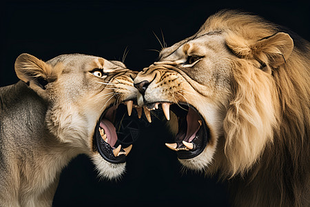 两只狮子张开嘴巴露出獠牙图片