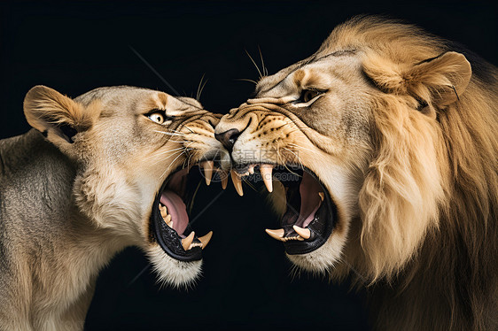两只狮子张开嘴巴露出獠牙图片
