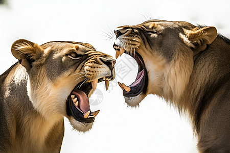 两只狮子张牙舞爪搏斗中图片