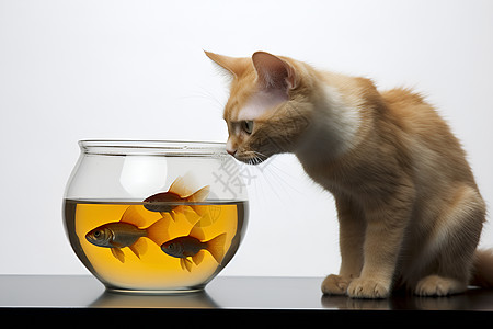 猫咪与金鱼缸高清图片