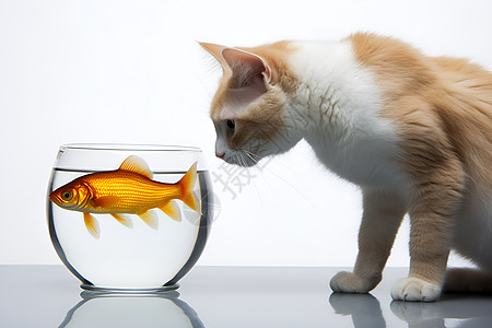小猫凝视水中鱼儿图片