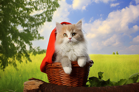 红帽子中的奇幻猫咪背景图片