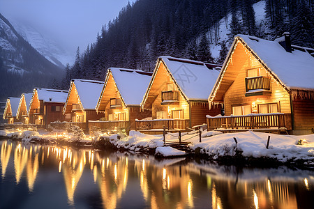 雪木屋冬天湖边的小屋背景