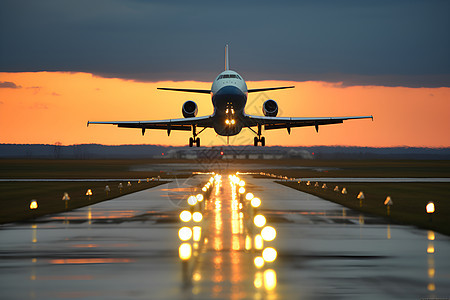 夕阳下飞行的飞机背景图片