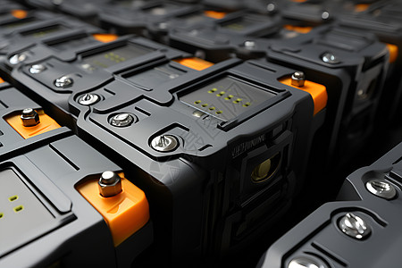 一排电池黑色背景上映衬出橙色电池标图片