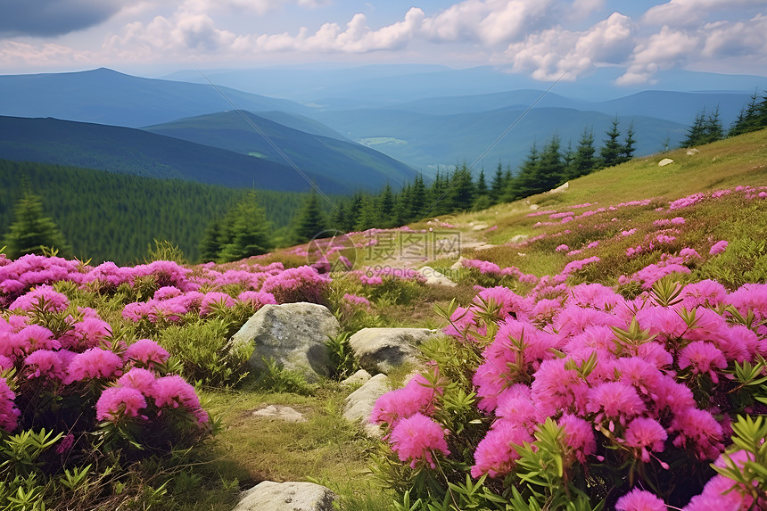 花海暮色中的山地图片