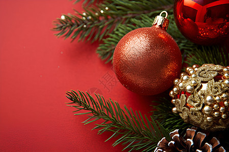 圣诞装饰金银圣诞球与松果图片