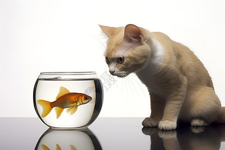 猫咪凝视着鱼缸背景图片