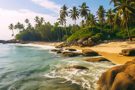 热带海滩的椰树与沙滩图片
