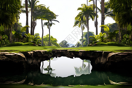 椰树环绕的池塘背景图片