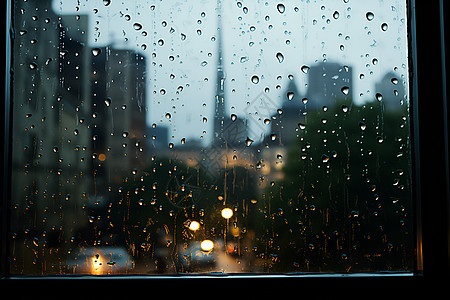 窗外雨滴与城市景观图片