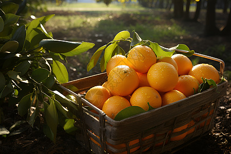 乡村风景中的一篮橙子高清图片