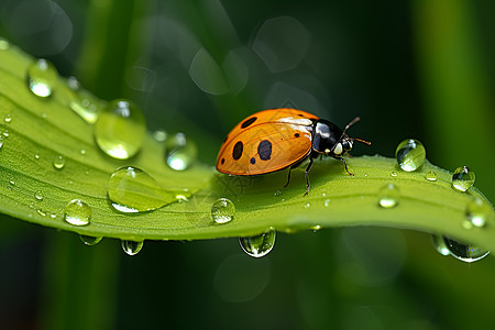 水滴叶子水滴上的瓢虫背景