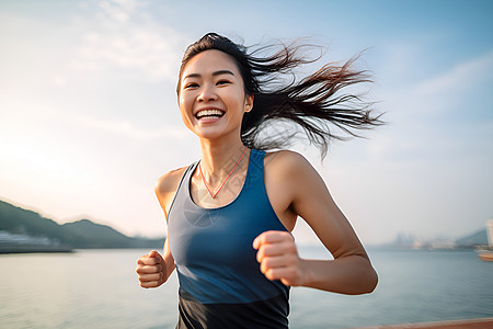 湖边跑步的女人高清图片