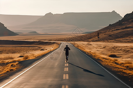 运动员训练长跑运动员在荒漠公路上奔跑背景