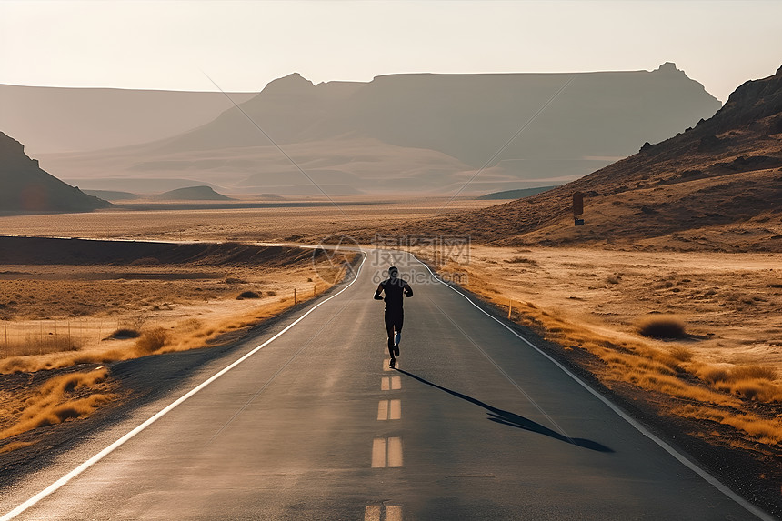 长跑运动员在荒漠公路上奔跑图片