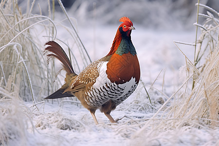 红冠鸡穿越雪地图片