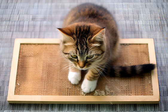 猫咪在猫抓板上玩耍图片