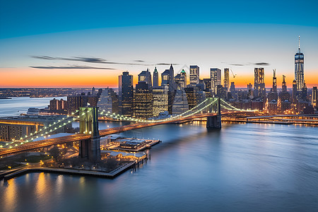 纽约日落下的城市天际线图片