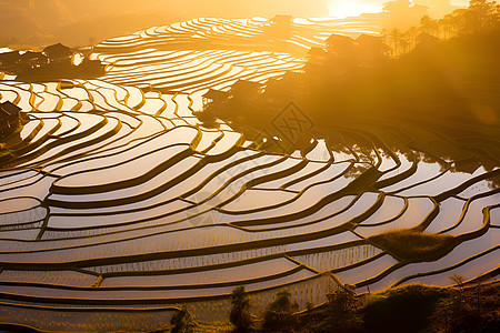 稻田中的夕阳美景图片