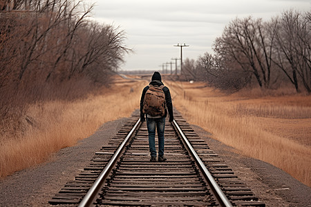 走在铁轨上的背包旅行者图片