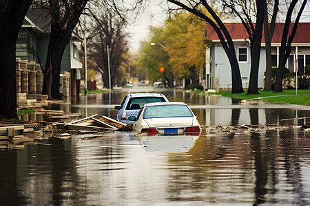 街道上被淹没的车辆图片