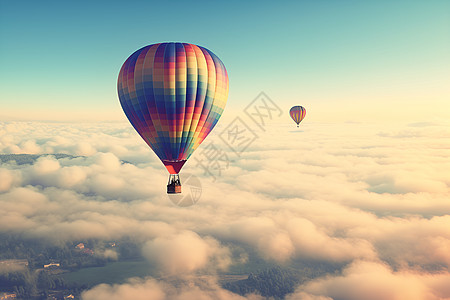 热气球背景蓝天白云下的炫彩热气球背景
