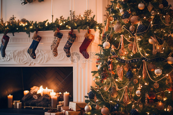 室内的壁炉和圣诞树图片