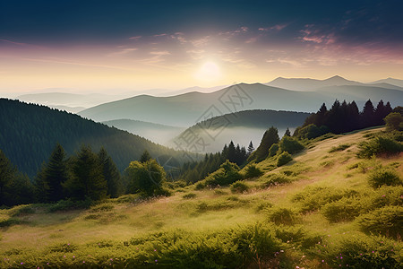 夕阳山峦图片