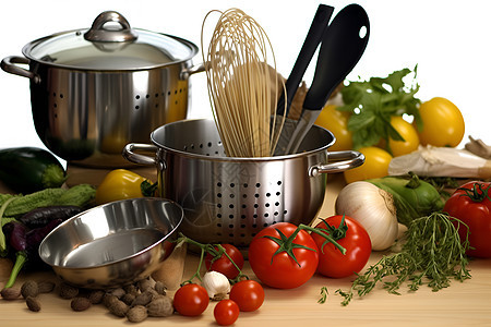 桌面上的蔬菜和锅具背景图片