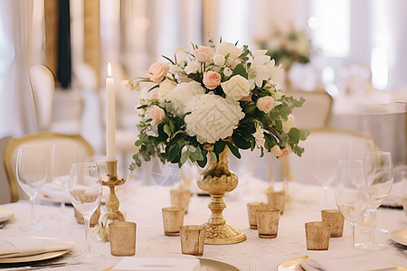 宴会桌面上的花束和餐具背景图片