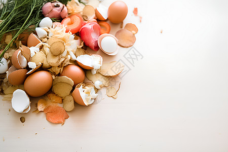 桌面上废弃的鸡蛋壳图片
