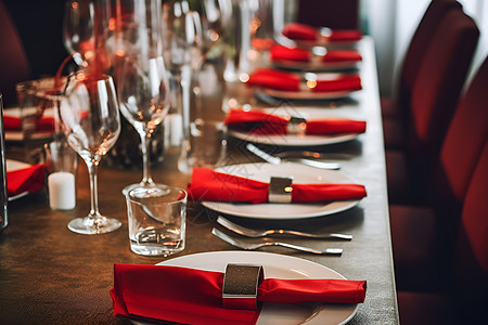 桌面盘子中的红色餐巾图片