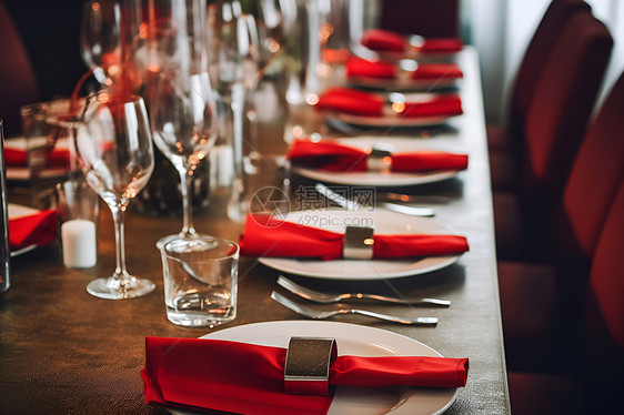 桌面盘子中的红色餐巾图片