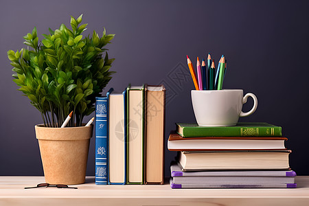 木桌上的书籍和绿植高清图片