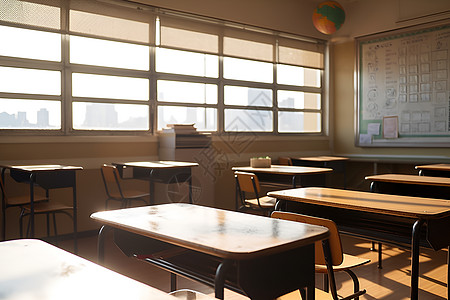 阳光照耀的教室桌椅背景图片