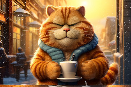 摘咖啡拿着咖啡杯的猫咪插画