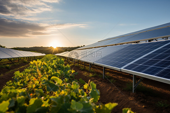 夕阳下太阳能电池板图片
