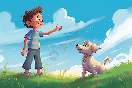 天空下的男孩与小狗图片