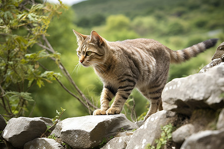 岩石上行走的猫图片