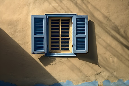 青色百叶窗的窗户图片